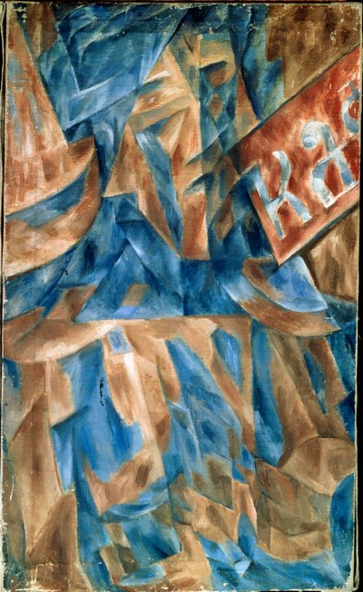 Femme dans un cafe (Lady in a Cafe) - Kubistisk komposisjon, med et stykke av fronten av kafeen (innskrift KA) - Maleri av Mikhail Vasilyevich Le Dantyu (1891-1917), olje på lerret, rundt 1910 - Russisk kunst, før 1900-tallets vakt, abstrakt kunst - Stat av Mikhail Vasilevich Le Dantu