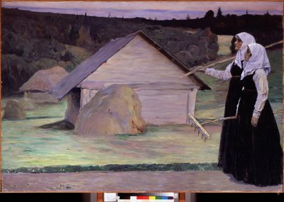 Sommer. To kvinner, bærende på sine river, går om kvelden etter å ha jobbet på jordene forbi høystakker og trehytter. Maleri av Mikhail Vasilyevich Nesterov (1862-1942), olje på lerret av Mikhail Vasilievich Nesterov