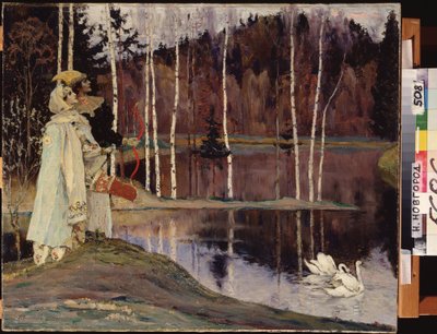 Dobbel harmoni. Et par i kostyme og teatralsk sminke ser på himmelen nær en innsjø der et par svaner svømmer fredelig. Maleri av Mikhail Vasilyevich Nesterov (1862-1942), olje på lerret av Mikhail Vasilievich Nesterov