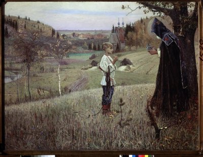 Visjonen til unge Barthelemy. (The Vision of the Youth Bartholomew). Møtet mellom en munk og den unge russiske Barthelemy (som skulle bli Saint Serge de Radonege eller Sergii Radonezhsky eller Sergey Radonezhsky eller Sergius de Radonezh, rundt 1313-1392). av Mikhail Vasilievich Nesterov