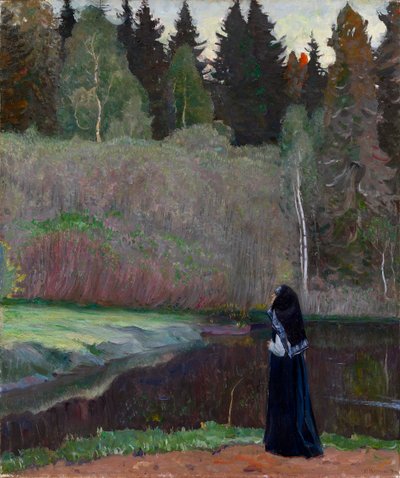 ""Le chant du rossignol"" (Nattergalen synger) En nonne som lytter til fuglesang - Maleri av Mikhail Vasilyevich Nesterov (1862-1942) 1918 Dim 81x68,5 cm Privat samling av Mikhail Vasilievich Nesterov