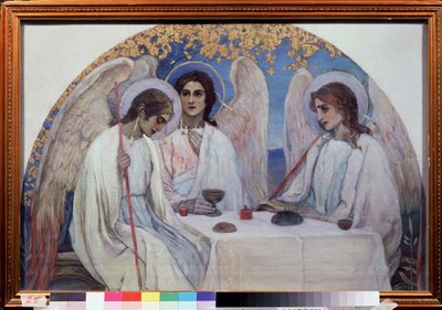 Abrahams gjestfrihet. Treenigheten i Det gamle testamente. Representasjon av de tre englene som viste seg for Abraham nær Chene de Mambre. (Abrahams gjestfrihet (det gamle testamentets treenighet). Maleri av Mikhail Vasilyevich Nesterov (1862-1942), olje p av Mikhail Vasilievich Nesterov