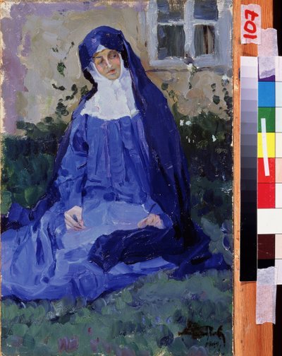 En nonne (A Nun). Verk av Mikhail Vasilyevich Nesterov (1862-1942), olje på papp av Mikhail Vasilievich Nesterov