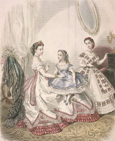 To kvinner og en liten jente iført de siste innendørsmotene, c1860 av Millia Lacouriere