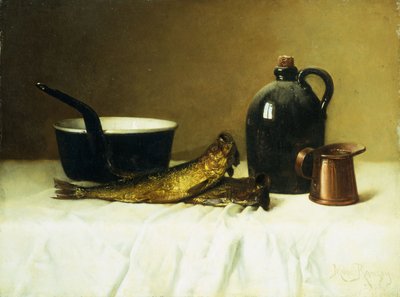 Stilleben med sild, gryte, kanne og mål, 1908 av Milne Ramsey