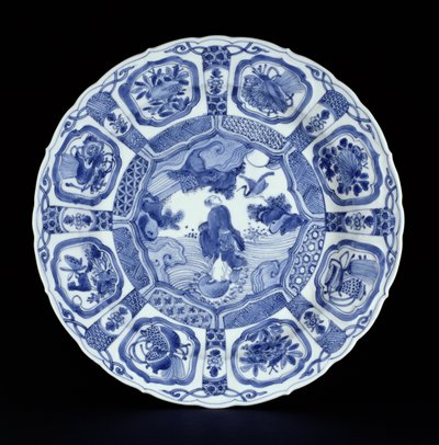 Blått og hvitt kraakfat malt med Li Tieguai som krysser havet på en dobbel kalebass, Wanli-periode, 1594-1610 (porselen) av Ming Dynasty Chinese School