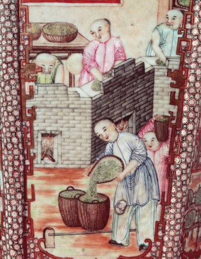 Detalj fra en vase som viser tørkende te (keramikk) av Ming Dynasty Chinese School