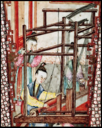 Detalj fra en vase som viser silkeveving (keramikk) av Ming Dynasty Chinese School
