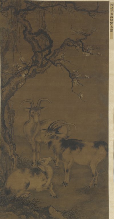 Tre geiter under et blomstrende plommetre, 1500-1600-tallet av Ming Dynasty Chinese School