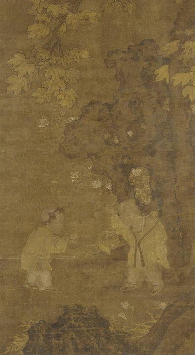 To gutter som leker med dukken til en løve, 1400-1500-tallet av Ming Dynasty Chinese School