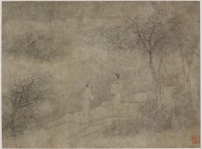 To menn som går i tåkete lund (blekk og farge på papir) av Ming Dynasty Chinese School