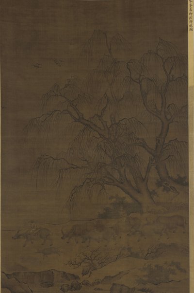 Vannbøfler og ledsagere under piletrær av Ming Dynasty Chinese School