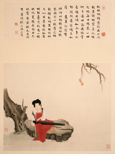 Dame sitter på en stein og spiller en Qin (Rull, montert og innrammet, blekk og farger på papir) av Ming Yu