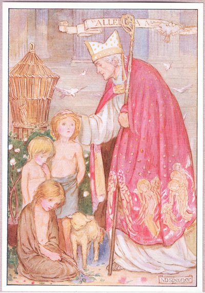 "Vinkler kaller dere dem," sa han. "Nei engler heller". St Augustine (farge litho) av Minnie Didbin Spooner