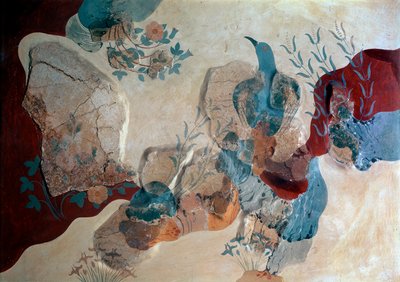Minoisk kunst: "" Blue Bird"" Fragment av freskomaleri av House of Frescoes. 1500 f.Kr. Heraklion, arkeologisk museum, Kreta - Minoisk kunst: blå fugl. Fragment av fresken som viser en fugl blant steiner, ville roser og iris, fra House of Frescoes av Minoan