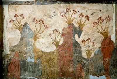 Minoisk kunst: "" Spring"" Fresco fra Akrotiri til Santorini. 1500-tallet f.Kr. Athen, Nasjonalt arkeologisk museum av Minoan