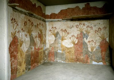 Minoisk kunst: "" Spring"" Fresker fra Akrotiri til Santorini. 1500-tallet f.Kr. Athen, Nasjonalt arkeologisk museum - Minoisk kunst: våren. Fresker fra Akrotiri, Santorini. 1500-tallet f.Kr. Nasjonalt arkeologisk museum, Athen, Hellas av Minoan