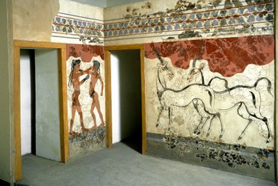 Minoisk kunst: "" dyr og jagerkamp""" Fresco fra Akrotiri på Santorini. 1500-tallet f.Kr. Athen, Nasjonalt arkeologisk museum av Minoan