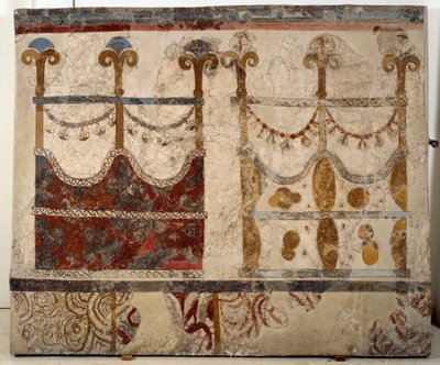 Minoisk sivilisasjon: representasjon av to portaler (Ikria). Freskomaleri fra det lustrale bassenget til Xeste 3-bygningen til Akrotiri (Thera), Santorini av Minoan