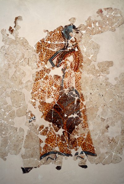 Minoisk sivilisasjon: kvinner i tilbedelse. Detalj. Freske fra det lustrale bassenget til Xeste 3 i Akrotiri (Thera), Santorini. Dim. 143x381 cm 1500-tallet f.Kr. Santorini, Samling av fresker av Akrotiri a Thera av Minoan