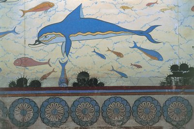 Nærbilde av et veggmaleri i et palass, Palace Of Minos, Knossos, Kreta, Hellas av Minoan