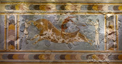 Detalj av Bull Leaping Fresco. Funnet i Knossos av Minoan