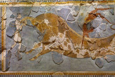 Detalj av Bull Leaping Fresco. Funnet i Knossos av Minoan