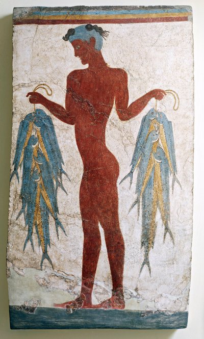 Gresk sivilisasjon, freskomaleri som viser fisker, fra Akrotiri, Thera, Santorini, Hellas (fresco) av Minoan