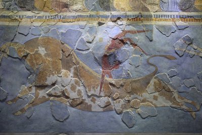 Minoisk kunst. Fresken "Bull-Leaping". Oksehoppscene som viser hvordan denne sporten ble utført. Fresken ble funnet på østsiden av palasset i Knossos av Minoan