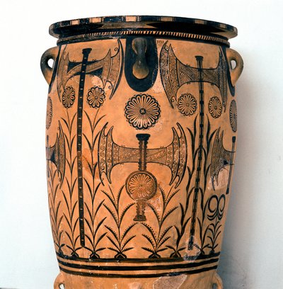 Minoisk kunst: terrakottavase fra Neopalatiale-perioden dekorerer symboler på gudene og representasjoner av himmelen og jorden, samt dobbeltøksen, symbolet på den kretiske sivilisasjonen. Fra Knossos (Cnossos) Heraklion, Arkeologisk museum Kreta av Minoan
