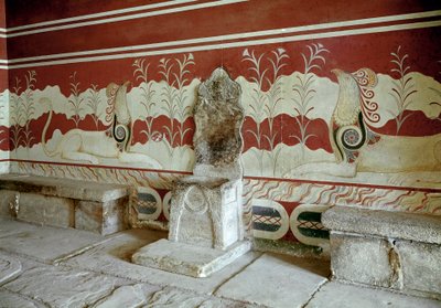 Minoisk sivilisasjon: utsikt over tronsalen til palasset til kong Minos a Cnossos (Knossos). Kreta - minoisk sivilisasjon: utsikt over tronsalen til palasset til kong Minos på Knossos. Kreta, Hellas av Minoan