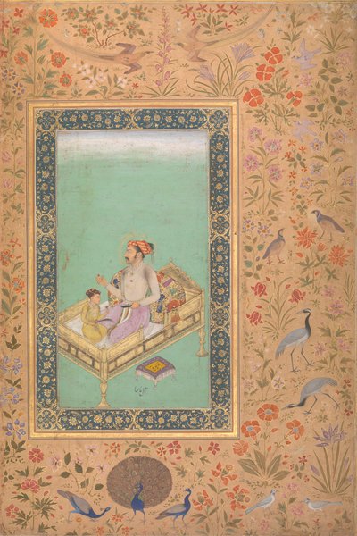 Keiseren Shah Jahan med hans sønn Dara Shikoh, Folio fra Shah Jahan Album, Verso: Ca.1620 av Mir 