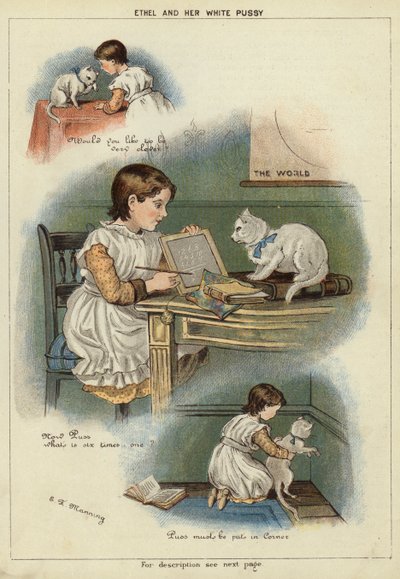 Ethel og hennes hvite katt (chromolitho) av Miss Eliza F. Manning