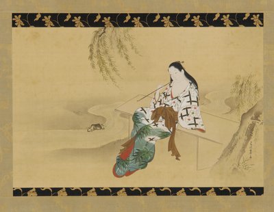 Landskap: en yujo sittende på en benk, 1700-tallet. av Miyagawa Chōshun