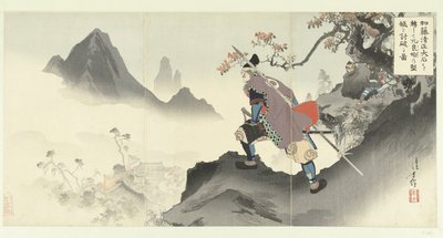 Kato Kiyomasa ødelegger og fanger Orangais palass ved å rulle ned en stein. Kato Kiyomasa oishi korogashite Orankai no kenjo o uchiyaburu zu. (tittel på objekt) av Mizuno Toshikata