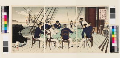 Bilde av marineoffiserer som diskuterer kampstrategi som skal brukes mot Kina av Mizuno Toshikata