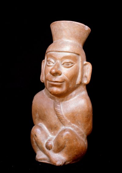Precolombiansk kunst, Mochic sivilisasjon (stygg, mochica): antropomorf terrakottaflaske som representerer en fange før hans offer (han bærer et tau rundt halsen og hendene bundet i ryggen). 200 f.Kr.-700 e.Kr. Lima, Nasjonalmuseet for antropologi og av Moche Moche