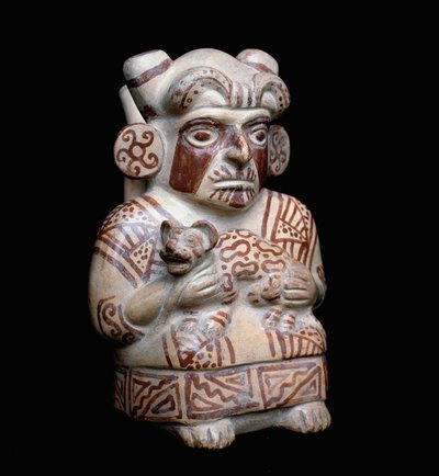 Pre-colombiansk kunst, moche-sivilisasjon (stygg, mochica): en Mochica-høvding med en felin i armene. Antropomorf leirvase. 200 f.Kr.-700 e.Kr. Lima, Nasjonalmuseet for antropologi og arkeologi, Peru av Moche Moche
