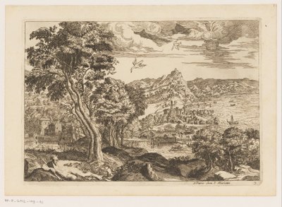 Kystlandskap med flygende fuglelandskap etter Titian (serietittel) av Moise Jean Baptiste Fouard