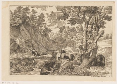 Landskap med den angrende Jerome og tre hvilende løver Landskap etter Titian (serietittel) av Moise Jean Baptiste Fouard