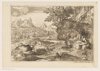 Landskap med Saint Jerome med to kjempende løver Landskap etter Titian (serietittel) av Moise Jean Baptiste Fouard