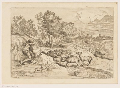 Landskap med tre gjetere som hviler med en flokk Landskap etter Titian (serietittel) av Moise Jean Baptiste Fouard
