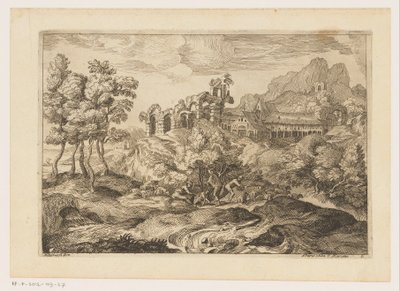 Landskap med hyrder med en flokk ved en ruin Landskap etter Titian (serietittel) av Moise Jean Baptiste Fouard