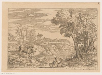 Landskap med en mann med en hest som krysser en elv Landskap etter Titian (serietittel) av Moise Jean Baptiste Fouard
