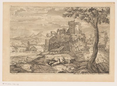 Landschap met rustende herder, op de achtergrond een rivier met brug en watermolen Landschappen naar Titiaan (series title)   1341832   no       norwegian Successfully Translated  Original: Landscape with Three Gabled Cottages Beside a Road Translat: Lands av Moise Jean Baptiste Fouard