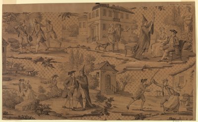 Tegneserie for bomullstrykk: Scener fra Molieres "Le Medecin Malgre Lui" av Molière