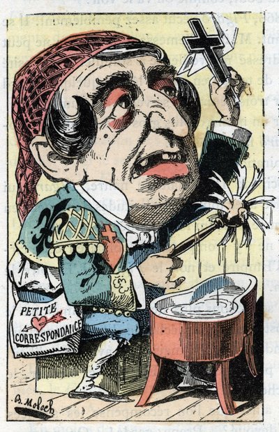 Allegori av den franske avisen Le Figaro i "" Le Trombinoscope"" av Touchatout, tegneserie av B. Moloch fra 1882 (1849-1909). Privat samling. av Moloch