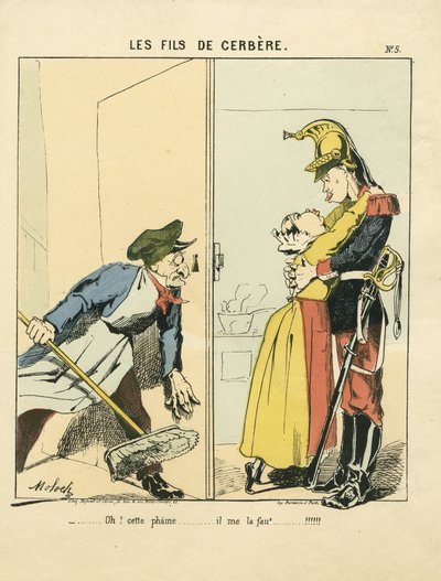 Flyvende blad, nummer 5, satirisk i farger: Les fils de cerbere - Commune de Paris/War/Siege, Amour - Illustrasjon av Moloch (1849-1909) av Moloch