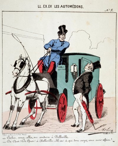 HAN. EX. EX. Motoredons: Tegneserie av transport i byen. En kusk nekter å ta en borgerlig til Belleville (Quartier de Paris). Tegning av Moloch (1849-1909), rundt 1860. av Moloch