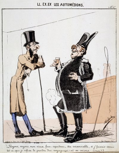 HAN. EX. EX. Motoredons: Tegneserie av transport i byen. To cochers snakker over et glass alkohol i stedet for å ta passasjerer. Tegning av Moloch (1849-1909), rundt 1860. av Moloch